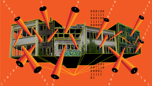 A grey building is seen as in a 3D plan against a bright red background. 0s and 1s represent data streaming out of the windows and gaps in the roof.