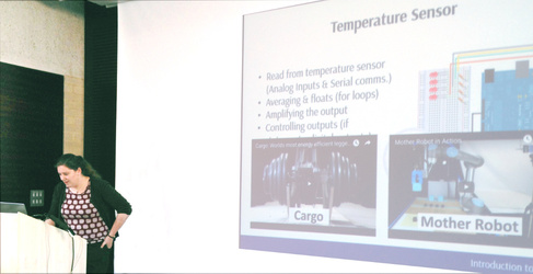 Josie Hughes teaching undergraduate engineers how to interface a senors with an Arduino microcontroller