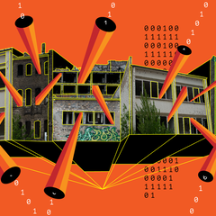A grey building is seen as in a 3D plan against a bright red background. 0s and 1s represent data streaming out of the windows and gaps in the roof.