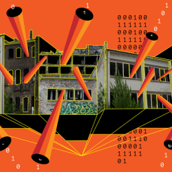 A grey building is seen as in a 3D plan against a bright red background. 0s and 1s represent data streaming out of the windows and gaps in the roof.