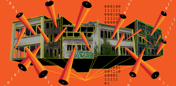 A grey building is seen as in a 3D plan against a bright red background. 0s and 1s represent data streaming out of the windows and gaps in the roof.